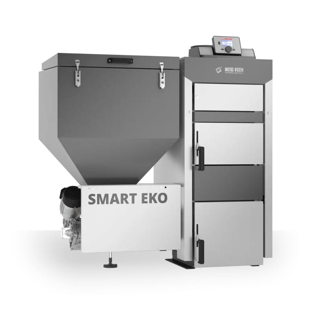 METAL-FACH-SMART-EKO METAL-FACH SMART EKO KOCIOŁ NA WĘGIEL GROSZEK Z AUTOMATYCZNYM PODAJNIKIEM PO LEWEJ STRONIE 20 KW – CZOPUCH DO GÓRY LUB DO TYŁU